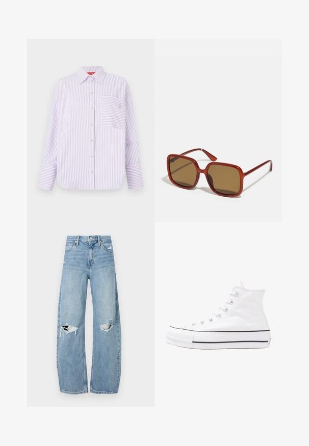Light purple button-up shirt with vertical stripes, single chest pocket, and a collar. Features long sleeves with wide cuffs and subtle logo detail.; Light blue, high-waisted jeans made of denim. Feature wide legs, two torn knee areas, and classic five-pocket styling.; White high-top canvas sneaker with black rubber sole, front rubber toe cap, and six eyelets for laces, featuring a clean, minimalist design.; Red square sunglasses with brown tinted lenses. Thick, glossy frames and slim arms with minor detailing on the side for visual interest.