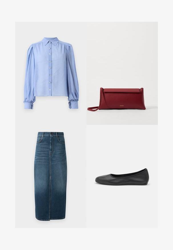 Jasnoniebieska bluzka z długimi bufkami, zapinana z przodu na guziki, z kołnierzykiem. Posiada małe białe kropki i falbany na mankietach z przeźroczystymi guzikami.; Denimowa spódnica midi w ciemnym indygo, z przodu rozcięcie i drobnym wypłowieniem. Klasyczny design z pięcioma kieszeniami oraz metalowym zapięciem.; Czarne skórzane baletki z zaokrąglonym noskiem, gładką fakturą, minimalnymi przeszyciami i elastycznym designem podeszwy.; Czerwona skórzana kopertówka o teksturowanym wykończeniu, z płaskim złożonym wierzchem i krótkim paskiem. Subtelne logo marki z przodu.