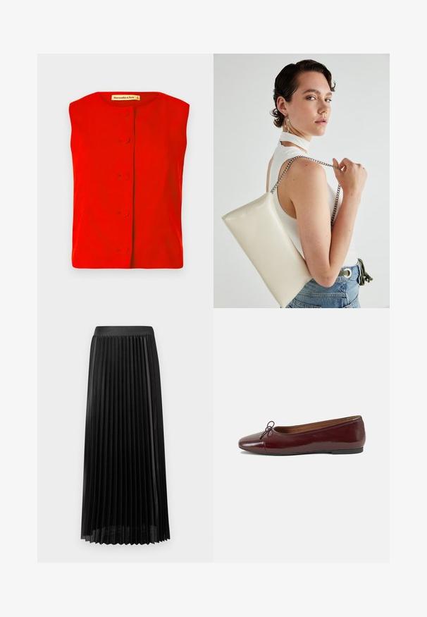 Top rosso senza maniche con scollo rotondo, caratterizzato da una chiusura con bottoni frontale con bottoni circolari e una superficie liscia. Etichetta del brand visibile all'interno.; Gonna nera plissettata con una cintura liscia, realizzata in tessuto leggero. Presenta pieghe verticali nette e un design alla lunghezza del polpaccio.; Ballerine in pelle verniciata bordeaux con punta arrotondata, piccolo fiocco decorativo sulla parte anteriore e suola bassa in gomma nera. Texture liscia.; Borsa a pochette rettangolare bianca realizzata in materiale lucido, con una tracolla in catena argentata. Il modello posa, mostrando la borsa su uno sfondo semplice.