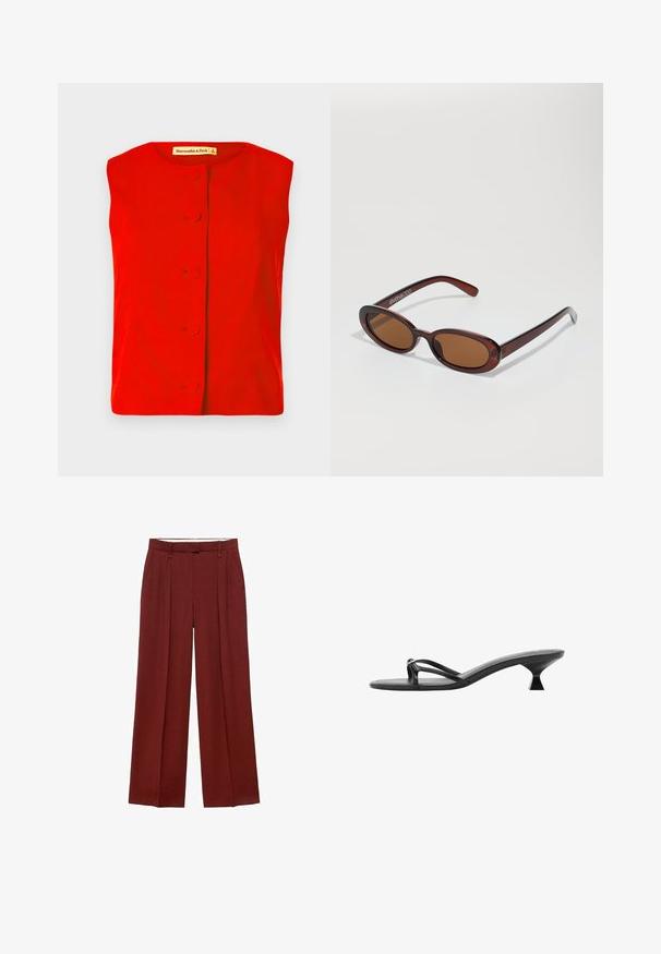 Rotes ärmelloses Oberteil mit rundem Ausschnitt, ausgestattet mit einer vorderen Knopfverschluss mit runden Knöpfen und glatter Textur. Markenetikett innen sichtbar.; Weite Hose in einem tiefen Rotton, mit hoher Taille, Falten vorne und einem glatten, strukturierten Stoff.; Schwarze High Heels Sandalen mit einem eleganten Design, dünnen Riemen und einem einzigartigen dreieckigen Absatz. Glatte Textur mit einem minimalistischen Look.; Runde, braun getönte Sonnenbrillen mit einem glänzenden burgunderfarbenen Rahmen. Schlanke Bügel mit dezentem Branding. Flaches Linsendesign.; Weißes Kunstleder-Handtäschchen mit kurvenförmigem Design, strukturiertem Henkel, silberner Hardware und einer mit Reißverschluss versehenen Tasche. Mit eingeprägtem Logo.