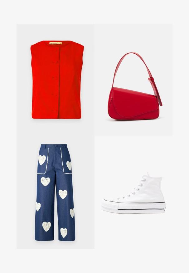 Red sleeveless top with rounded neckline, featuring a front button closure with circular buttons and smooth texture. Brand label visible inside.; Sister Jane HEART TO HEART - Straight leg jeans - blue denim; White high-top canvas sneaker with black rubber sole, front rubber toe cap, and six eyelets for laces, featuring a clean, minimalist design.; Red leather handbag with an angular, geometric design. Features a single adjustable strap and a flap closure with stitched detailing.