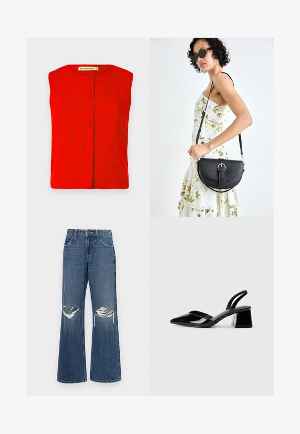 Piros, ujjatlan felső, kerek nyakkivágással, elöl gombokkal záródik, kerek gombokkal és sima textúrával. A márkacímke belül látható.; Középkék, bő szabású farmernadrág, különleges térd-szakítékokkal, nyers szegéllyel és klasszikus, öt zsebes dizájnnal, fém gombos záródással.; Fekete lakk bőr szandálkés magas sarkú cipő, hegyes orral és geometrikus tömbsarkakkal. Karcsú, minimalista dizájn és sima textúra jellemzi.; Fekete bőrtáska ívelt formával, levehető pánttal és arany színű fémrészekkel. A táskán egy csattal díszített fedél található.