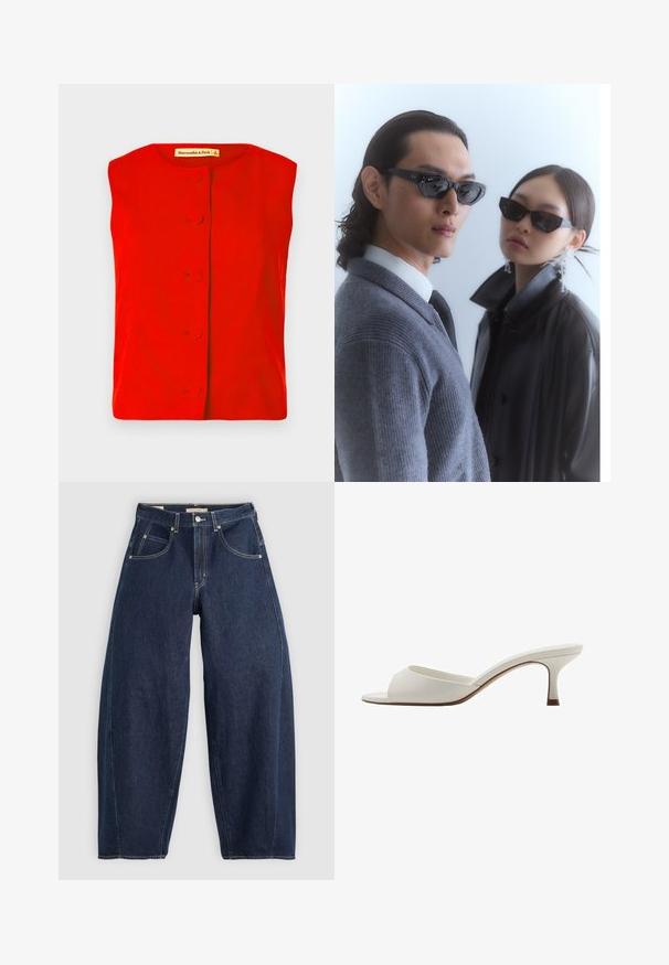Rotes ärmelloses Oberteil mit rundem Ausschnitt, ausgestattet mit einer vorderen Knopfverschluss mit runden Knöpfen und glatter Textur. Markenetikett innen sichtbar.; Dunkelblaue Denim-Jeans mit lockerer Passform, heller Naht, fünf Taschen und einem Knopfverschluss am Bund.; Weiße, offene High-Heel-Mules mit glatter Oberfläche, minimalistischer Gestaltung und schlankem Absatz, ausgestattet mit einem subtilen braunen Akzent auf der Sohle.; Sonnenbrille mit eckigen schwarzen Rahmen, getragen von einem Modell mit einem grauen Pullover, der ein strukturiertes Strickmuster zeigt, sowie einer schwarzen Lederjacke, die von einem anderen Modell getragen wird.