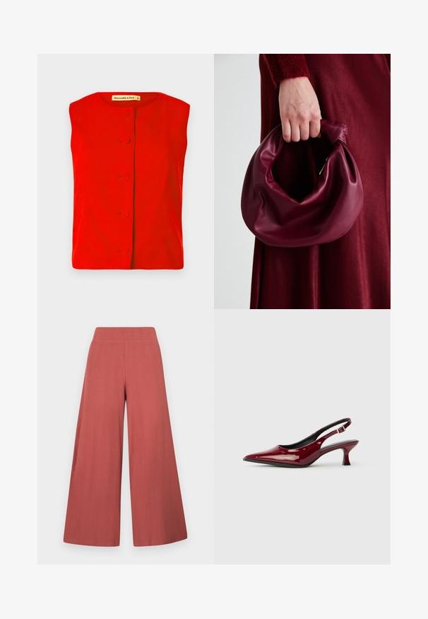 Red sleeveless top with rounded neckline, featuring a front button closure with circular buttons and smooth texture. Brand label visible inside.; Wide-leg trousers in a rust color, made from textured fabric with vertical ribbing. Features a high, elastic waistband.; Burgundy patent leather slingback heels with a pointed toe and a sleek stiletto heel. Open back design with adjustable ankle strap detail.; Burgundy leather handbag with a soft, gathered design and a rounded shape. The handle is secured, showcasing a smooth texture.