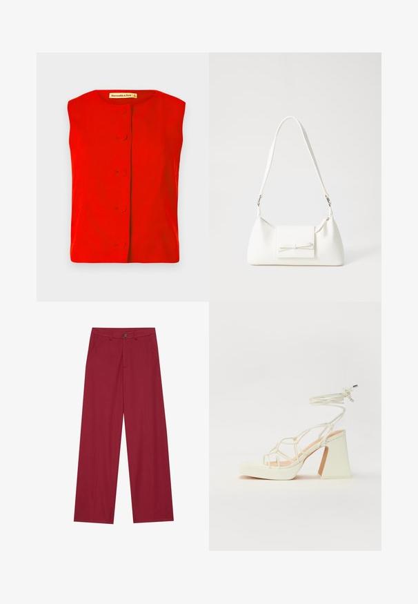 Camisola sem mangas vermelha com decote arredondado, apresentando um fecho frontal com botões circulares e textura suave. Etiqueta da marca visível no interior.; Calças de perna larga feitas de um tecido suave e texturizado na cor vermelha escura. Apresentam bolsos frontais e um fecho de botão único na cintura.; Sandálias brancas de salto alto com um salto robusto, apresentando um design com tiras e amarração no tornozelo. Textura suave com uma plataforma na frente para altura adicional.; Mala sintética branca com formato triangular, aba frontal plana e detalhe de laço, alça ajustável, textura suave e design minimalista.
