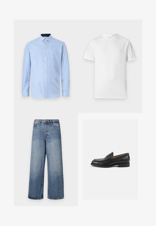 Šviesiai mėlyna ilgomis rankovėmis marškiniai su mažo patikrinimo raštu, baltomis mygtukais ir kontrastuojančiu tamsiai mėlynu apykakle. Minkšta tekstūra.; Balta trumpa rankovėmis marškinėliai, pagaminti iš švelnios medvilnės. Turi apvalų iškirpimą ir tiesų apdailą su minimaliu puošu.; Platus blekno džinsai su išblukusiu skalbimu, penkių kišenių dizainu ir mygtukų uždarymu. Įrengti diržo kilpomis ir siuvinėjimu.; Juodi odiniai loafersai su lygiu paviršiumi, apvaliu pirštu ir dekoratyvine siūlė viršuje. Žemas sustiprintas kulnas ir lengvas blizgesys.