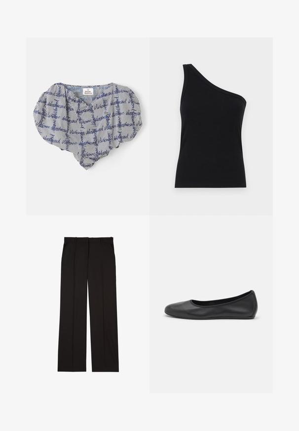 Svart og hvit rutete topp med volang-hals og trykt tekst. Har pastellfarget aksent nær merket. Myk stoffkvalitet.; En-skulder svart ribbet tanktop med en tettsittende design og myk tekstur. Har en ren, minimal kutt og jevn halslinje.; Sorte skreddersydde bukser laget av et glatt stoff, med rett ben-design og to sidelommer. Elegant og minimalistisk konstruksjon.; Svart skinnballettflatt med rund tå, glatt tekstur, minimal sømdetalj, og et fleksibelt såledesign.