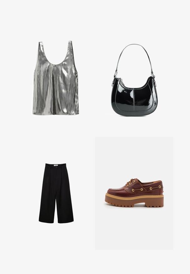Metallisch zilveren tanktop met een ronde hals, geplooid ontwerp en een gladde textuur. Beschikt over brede schouderbanden en een rechte onderrand.; Zwarte wijde broek met een hoge taille, geplooide voorkant en knoopsluiting. Gemaakt van gladde stof met een scherp gesneden ontwerp.; Bruine leren botenschoenen met een stevige bruine rubberen zool, gouden ogen en contraststiksels. Heeft een logo aan de zijkant.; Zwarte gepatineerde leren handtas met een gebogen ontwerp, ritssluiting en een enkele schouderriem met zilverkleurige hardware en stikselaccenten.