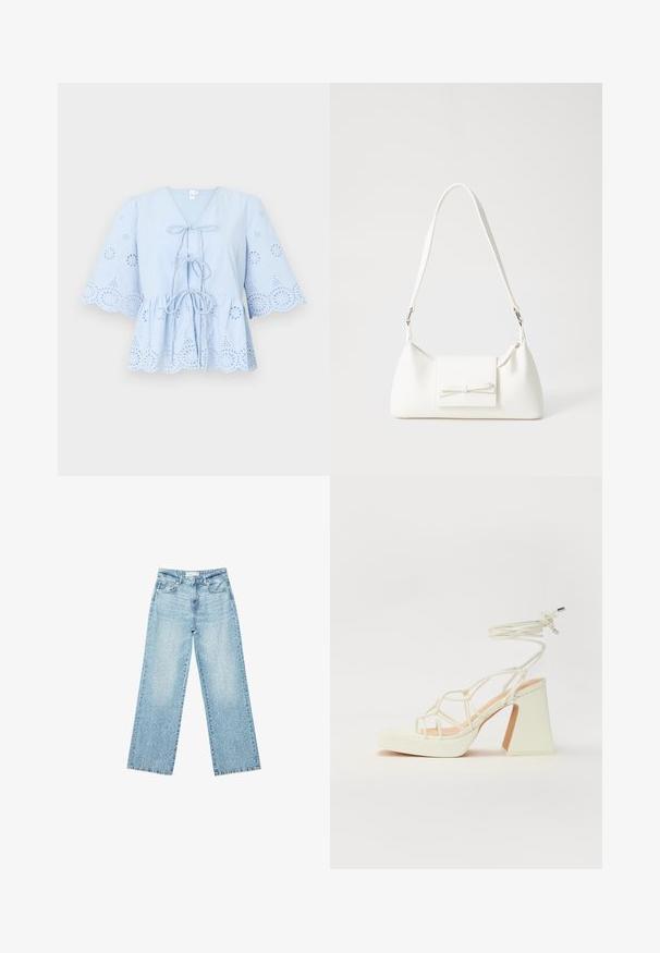 Modra bombažna bluza z V-izrezom, vezi spredaj in razširjenimi rokavi. Ima vezenine z izrezi in valovite robove ob koncu in rokavih.; Svjetloplave široke traperice s visokim strukom, s izblijedjelim pranjem i malim, raštrkanim oštećenjima po cijelom dijelu.; Bela sandala na visokih petah s debelim petam, ki ima obliko trakcev in vezanje okoli gležnja. Gladka tekstura z platformo spredaj za dodatno višino.; Bela sintetična torbica v obliki trikotnika, z ravnim sprednjim poklopcem in detajlom mašne, nastavljivim trakom, gladko teksturo in minimalističnim dizajnom.