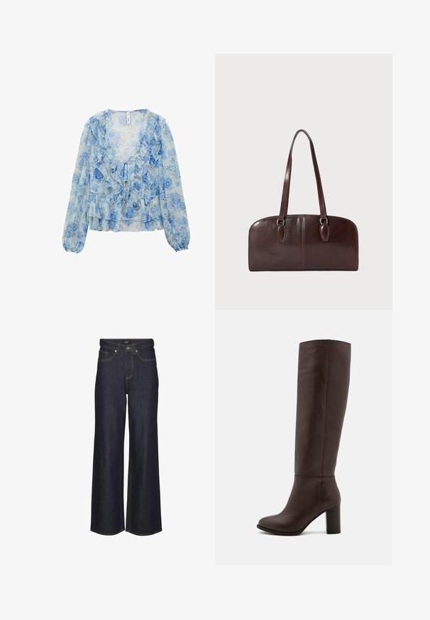 Blumenbluse aus leichtem, transparentem Stoff in Hellblau und Weiß. Mit Rüschenkanten, langen Ärmeln und einem Bindeband vorne. Weicher, leichter Griff.; Hoch taillierte weite Jeans in dunklem Denim. Mit klassischem Steppdesign, fünf Taschen und einem Knopfverschluss vorne.; Braune Lederstiefel bis zum Knie mit Blockabsatz, glatter Textur, runder Spitze und minimalen Nahtdetails.; Braune Ledertasche mit zwei langen Tragegriffen, einer strukturierten rechteckigen Form, glatter Textur und abgerundeten Kanten. Besitzt Akzentdetails an den Griffen.