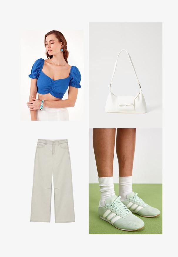 Modrá skrátená blúzka s puffy rukávmi a riaseným predným detailom. Model má na sebe geometricky vzorovanú náramok a jednoduchý náhrdelník. Pozadie je jednoduché biele.; Svetlošedé nohavice s voľným strihom, s piatimi vreckami, so zapínaním na prednom gombíku a kontrastným prešívaním pozdĺž švov. Tkanina vyzerá mäkko a odolne.; Mentolové športové topánky s bielymi pruhmi, hladký kožený povrch, zaoblený špička a gumená podrážka, doplnené bielymi rebrovanými ponožkami.; Biela syntetická kabelka s trojuholníkovým tvarom, plochým predným klapkou a detailom mašle, nastaviteľným popruhom, hladkou textúrou a minimalistickým dizajnom.