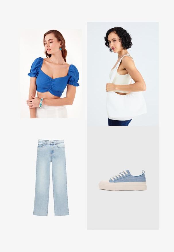 Blauer, verkürzter Oberteil mit Puffärmeln und gerafftem Frontdetail. Das Model trägt ein geometrisch gemustertes Armband und eine schlichte Halskette. Der Hintergrund ist einfarbig weiß.; Helle blaue, weite Jeans aus Denim mit hoher Taille, fünf Taschen und einem Knopfverschluss. Verfügt über minimale Nahtdetails.; Helleblaue Leinensneaker mit einer cremefarbenen Gummikappe und Außensohle, ausgestattet mit weißen Schnürsenkeln und einer Zuglasche an der Ferse.; Weißer Schultertasche aus glattem Material mit ovalem Ausschnitt und breitem Tragegurt. Einfach und modern, ohne sichtbare Hardware.