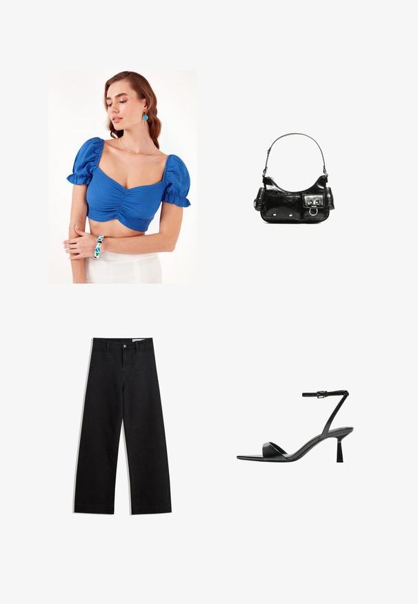Blue cropped top with puff sleeves and ruched front detail. Model wears a geometric patterned bangle and simple necklace. Background is plain white.; Black wide-leg denim pants with a high waist, featuring front and back pockets, stitched seams, and a button closure. Smooth texture.; Bershka High heeled sandals - black; Black patent leather handbag with a curved shape, one shoulder strap, front pockets, and silver-tone hardware accents.
