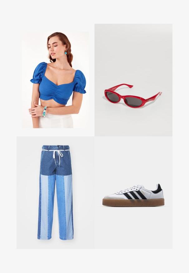 Niebieski krótki top z puffowanymi rękawami i marszczonym detalem z przodu. Modelka nosi bransoletkę w geometryczny wzór oraz prostą naszyjnik. Tło jest jednolicie białe.; Niebieskie dżinsowe spodnie z patchworkowym wzorem w różnych odcieniach niebieskiego, z elastycznym pasem na troczki oraz luźnymi, prostymi nogawkami.; Białe skórzane sneakersy z czarnymi paskami, gumowa podeszwa, okrągły czubek, sznurowane zapięcie oraz miękką szaro-suede'ową osłonę czubka.; Czerwone okulary przeciwsłoneczne z błyszcząca plastikową oprawką, owalnymi szkłami i prostymi ramionami. Wyjątkowe detale obejmują subtelne akcenty metalowe na zausznikach.