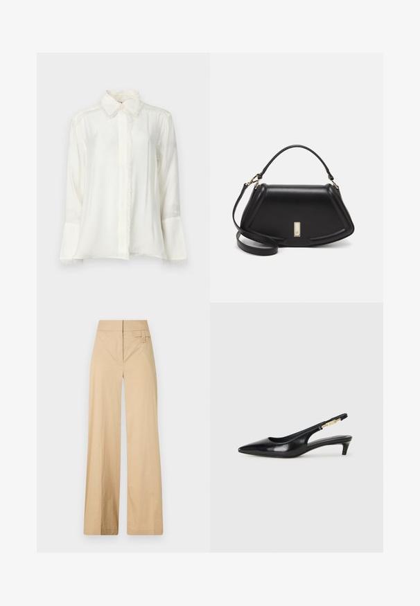 White, long-sleeve shirt made of lightweight fabric. Features a classic collar, fringe detailing along the edges, and button closure.; Beige wide-leg pants made of cotton blend fabric. Features a smooth texture, elastic waistband, and a side button detail.; Black leather slingback heels with a pointed toe, featuring a slim heel and a gold-tone accent on the adjustable strap. Smooth texture.; Black leather handbag with a structured design, featuring a cropped shape, top handle, and gold hardware accent. Adjustable shoulder strap included.