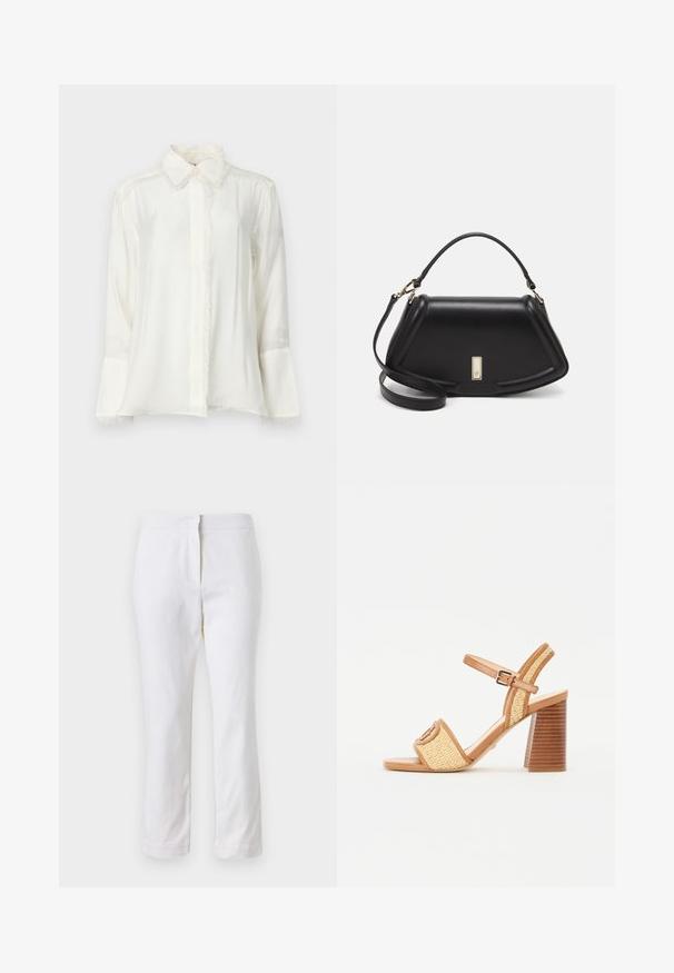 Camicia bianca a maniche lunghe realizzata in tessuto leggero. Presenta un colletto classico, dettagli frangianti lungo i bordi e chiusura con bottoni.; Pantaloni bianchi in cotone con design a gamba dritta, caratterizzati da una vita a media altezza e senza hardware o motivi visibili. Tessuto liscio su tutta la superficie.; Sandali con tacco in pelle marrone e paglia intrecciata, con cinturino alla caviglia, punta aperta e tacco spesso simile al legno con strisce orizzontali.; Borsa a mano in pelle nera con un design strutturato, caratterizzata da una forma corta, manico superiore e accessori in metallo dorato. Inclusa tracolla regolabile.