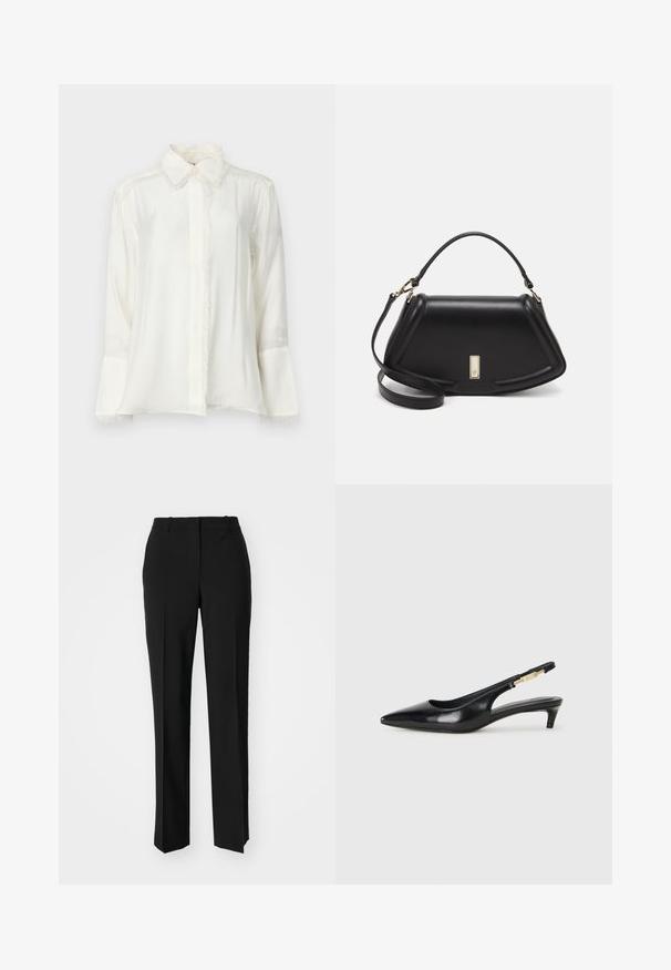 White, long-sleeve shirt made of lightweight fabric. Features a classic collar, fringe detailing along the edges, and button closure.; Black tailored trousers with a straight-leg design, featuring a smooth texture and crisp creases along the front. No visible hardware.; Black leather slingback heels with a pointed toe, featuring a slim heel and a gold-tone accent on the adjustable strap. Smooth texture.; Black leather handbag with a structured design, featuring a cropped shape, top handle, and gold hardware accent. Adjustable shoulder strap included.