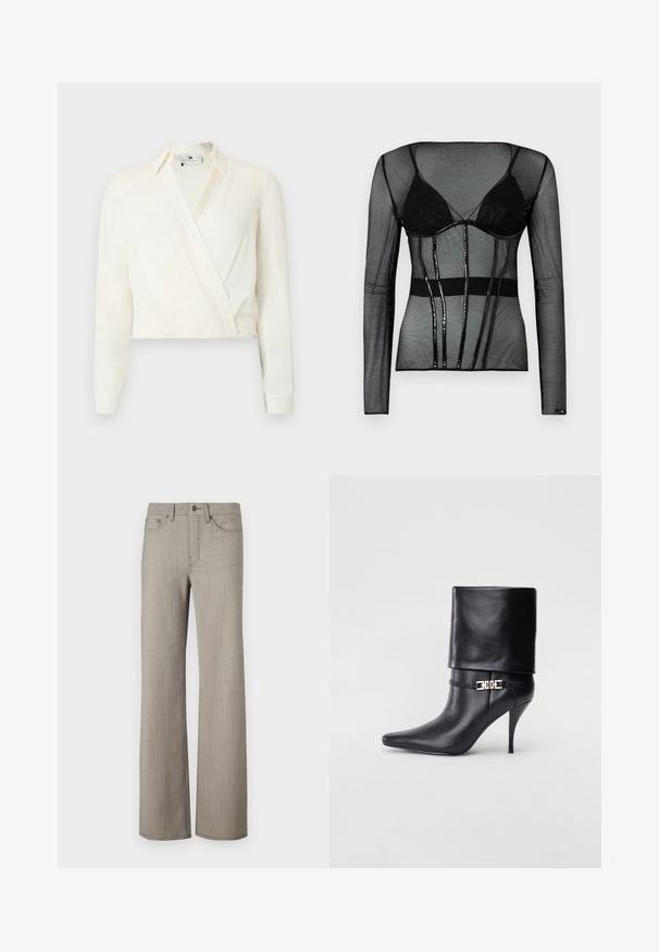 Lyhyt, pitkähihainen pusero offwhite-värisestä kankaasta. Siinä on kietaisumalli, klassinen kaulus ja napilliset kalvosimet. Sileä pinta, vähäiset yksityiskohdat.; Mustan verkkokuidun pitkähiha, jossa on sisäänrakennettu musta rintaliivi, ja joka on muotoiltu, läpikuultava materiaali ja kiiltävät mustat yksityiskohdat.; Suurikalkkikankaiset vaaleanharmaat leveälahkeiset housut, joissa on sileä pinta. Varustettuna nappikiinnityksellä ja viidellä taskulla.; Musta nahkasaapas nilkkapituudella, teräväkärkinen, korkea stiletto-korko, käännettävä varsi ja kultainen koristeellinen solki nilkassa.