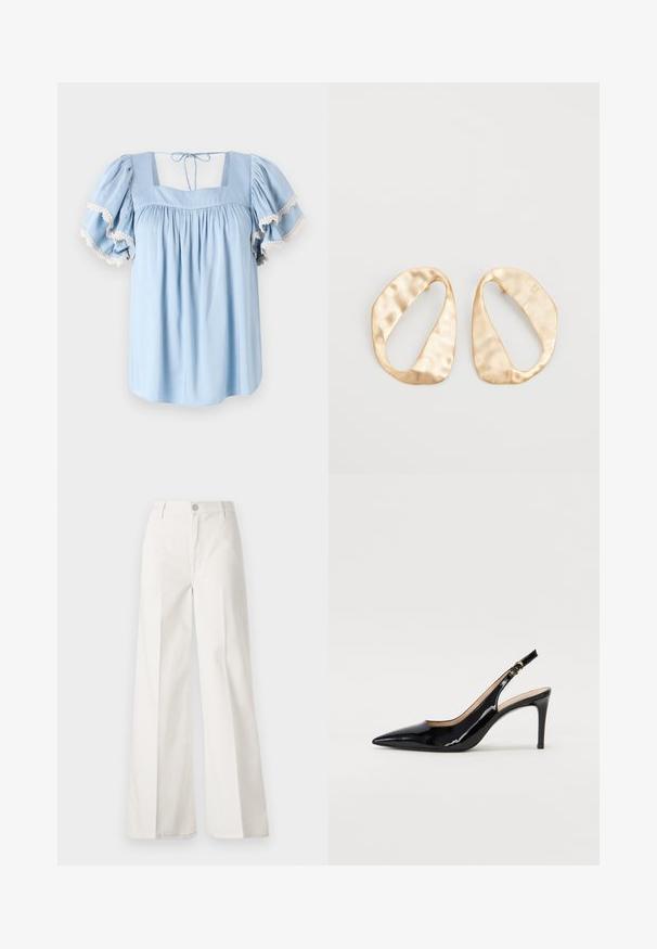 Blusa azul clara com decote quadrado e mangas bufantes. Apresenta tecido franzido e delicada renda nas bordas das mangas.; Calças largas brancas feitas de algodão com uma textura suave. Apresenta um botão frontal, fecho de correr e um design de quatro bolsos.; Sandal com salto em verniz preto, bico fino, salto esguio e um design de recorte subtil. Apresenta uma fivela dourada na alça.; Par de brincos irregulares em forma oval, feitos de metal dourado, com uma superfície texturizada e ligeiramente martelada, sobre um fundo branco.