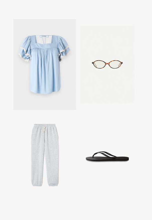 Světle modrá blůza se čtvercovým výstřihem a nabíranými rukávy. Obsahuje nařasenou látku a jemnou krajkovou aplikaci podél okrajů rukávů.; Šedé tepláky vyrobené z měkké látky, s elastickým pasem na šňůrku a elastickými manžetami na kotnících.; Černé žabky s texturovanou gumovou podrážkou, dvěma štíhlými popruhy a jemným, embosovaným logem na popruhu.; Želvovinové brýle s oválnými čočkami a hladkým, jemným povrchem. Má tenké bočnice s jemným zakřivením v chrámcích. Čiré čočky.