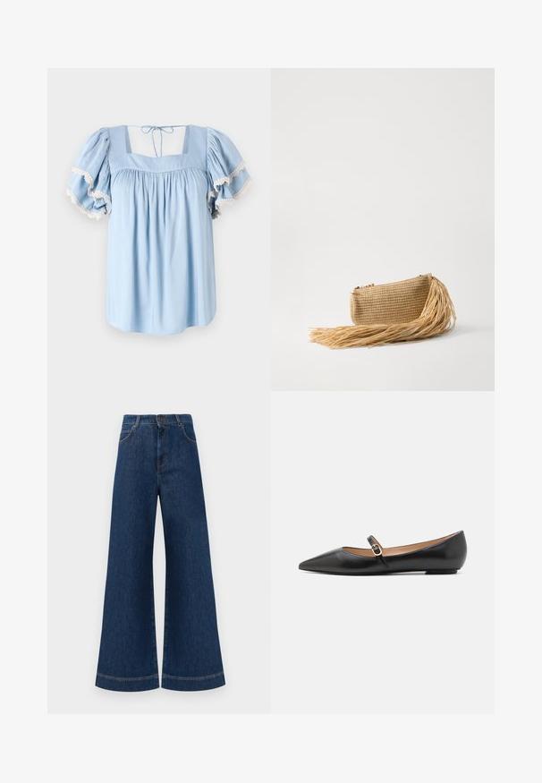 Hele sinine pluus ruudukujulise kaelusega ja puhv varrukatega. Omab kogutud kangast ja õrnast pitsist äärist varruka servadel.; Laia siniste denim pükste suur jalg, kõrge vöökoht, nupuga kinnitamine, vöökohad ja peened õmblusdetailid taskute ja äärte ääres.; Musthave mustanahkased balletkingad terava varbaga ja külgrihmaga, millel on ümmargune kuldne aksessuaar. Kerged ja tasase tallaga.; Cult Gaia VIERA - Väike käekott - natural