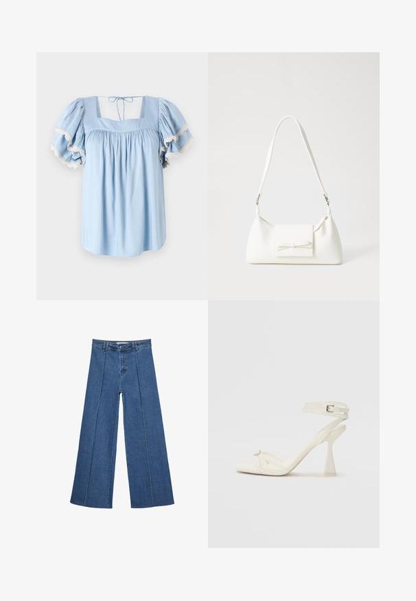 Błękitna bluzka z kwadratowym dekoltem i bufkami. Posiada marszczony materiał i delikatną koronkową lamówkę przy krawędziach rękawów.; Jeans typu wide-leg w średnim niebieskim kolorze, z wysokim stanem, zapięciem na guziki oraz kontrastowymi szwami pionowymi z przodu.; Białe skórzane sandały na wysokim obcasie z paskami, o smukłym wyglądzie, z przezroczystym słupkiem i ozdobnym elementem na palcach.; Biała syntetyczna torba o trójkątnym kształcie, płaskim przednim klapce i detalach w postaci kokardy, regulowanym pasku, gładkiej fakturze oraz minimalistycznym designie.