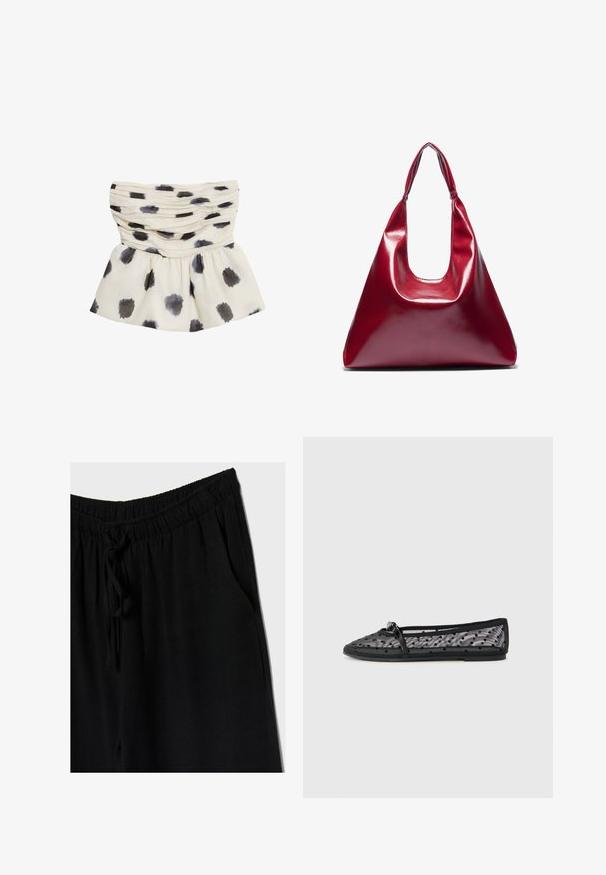 Bluzka w kolorze kremowym z plisowanym wzorem, zdobiona ciemnoszarymi i czarnymi plamkami w stylu akwareli. Miękka tkanina z rozszerzanym dołem.; Czarne spodnie z elastycznym pasem i sznurkiem, o luźnym kroju z bocznymi kieszeniami. Materiał wydaje się miękki i lekki.; Czarne baleriny wykonane z siateczki w groszki. Posiadają cienką paskę i okrągły czubek. Miękka podeszwa i elastyczna konstrukcja.; Czerwona, błyszcząca skórzana torebka o trójkątnym kształcie, z szerokim otwarciem na górze i pojedynczym, zaokrąglonym uchwytem. Gładka tekstura z minimalnymi detalami przeszyć.