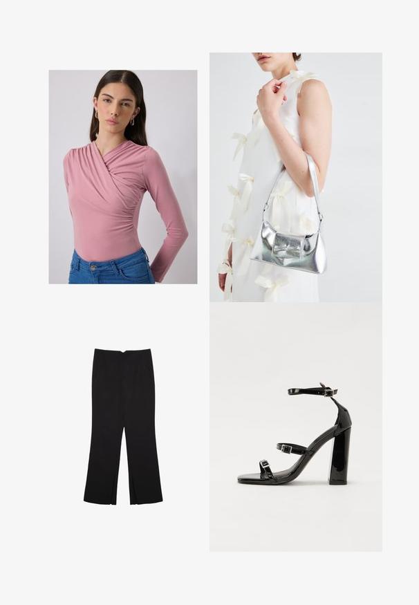 Langärmliger, pinker Body mit gerafftem Detail am Brustbereich, glatte Textur, getragen mit blauen, hoch geschnittenen Jeans.; Schwarze Hose mit geradem Schnitt, ausgestattet mit Fronttaschen und Seitenschlitzen am Saum. Hergestellt aus weichem, glattem Stoff. Geeignet für verschiedene Anlässe.; Schwarze patentierte Sandalen mit Absatz, quadratischer Spitze, Knöchelriemen und silbernen Schnallen. Mit einem stabilen Blockabsatz für mehr Stabilität.; Silberne metallische Handtasche mit strukturierter Form, ausgestattet mit einem oberen Griff und einer Schleifenapplikation auf der Vorderseite. Glatte Textur, reflektierendes Finish.