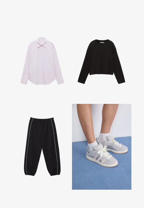Mango Košilová halenka - pink; Černá dlouhá rukávová zkrácená halenka vyrobená z měkké bavlny. Má kulatý výstřih a volný střih s kleslými rameny. Žádné viditelné vzory nebo akcenty.; Černé teplákové kalhoty s elastickým pasem, s bílými pruhy po stranách a nařasenými lemy u kotníků. Vyrobené z měkké, pružné látky.; Šedé semišové tenisky s bílými tkaničkami a gumovou podrážkou, s třemi šikmými pruhy po straně a logem na jazyku.