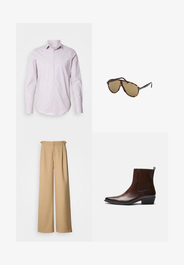 Heledad roosa pikkade varrukatega särk väikeste valgete täppidega, nööpide ja ümarate äärtega. Valmistatud siledast kangast, millel on peen läige.; Beezid laiats püksid kõrge vöökoht, volditud esiosa ja vööaasadega. Valmistatud siledast kangast, millel on puhas ja minimaalne disain.; Pruun nahkne pahkluu saabas, terava nina, elastsed külgpaneelid, tekstuuriga detailid ees ning madal virnastatud konts.; Kilpkonnakoori prillid pruuni läätsedega, aviatori stiilis, millel on peen raamidisain ja metallist aksessuaare tempeltes.