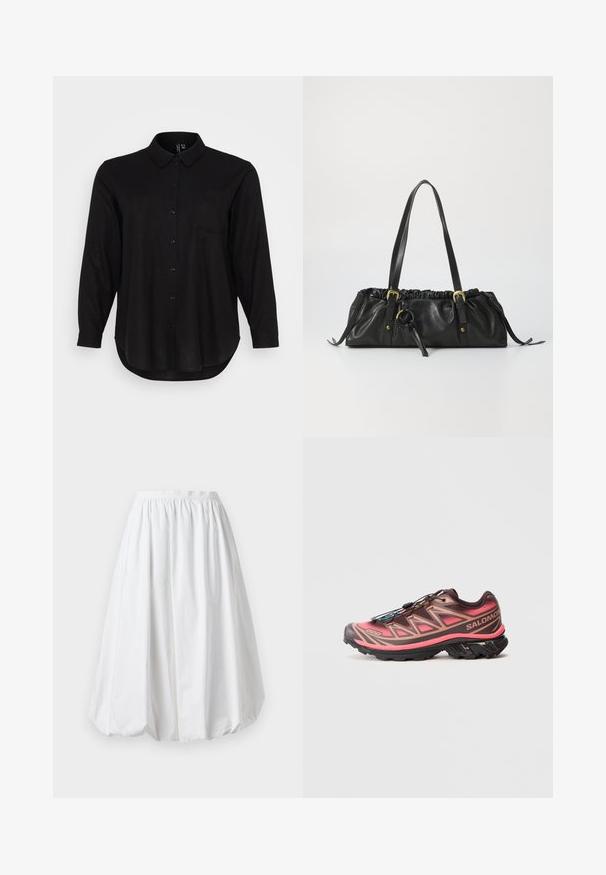 Cămașă din bumbac neagră, cu mâneci lungi, guler, buzunar frontal și tiv rotunjit. Fabricată dintr-un material neted și ușor.; Fustă albă, până la genunchi, cu un brâu elastic și o formă de balon. Fabricată dintr-un material ușor, cu o textură netedă.; Pantofii pentru alergare pe traseu au un design în degrade de maro și roz, având un material superior texturat, o talpă exterioară neagră și un sistem de șireturi unic.; Geantă de mână din piele neagră cu un vârf plisat, două mânere pentru umăr, accesorii de culoare aurie și un accent circular central. Textură netedă, formă compactă.