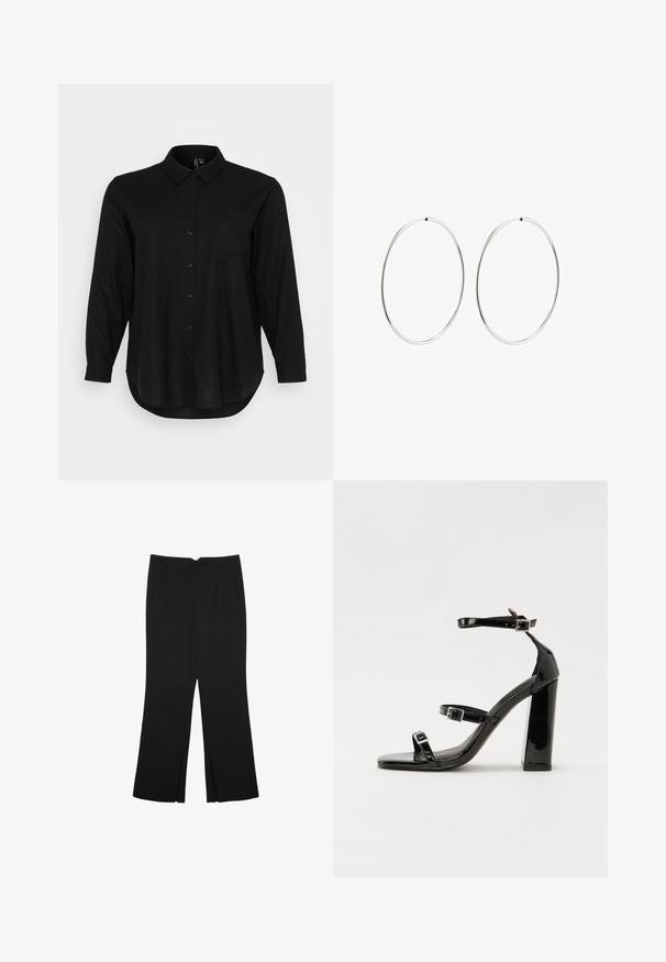 Czarna, długoskrętowa koszula z guzikami, z kołnierzykiem, przednią kieszenią i zaokrąglonym dołem. Wykonana z gładkiego, lekkiego materiału.; Czarne spodnie o prostym kroju, z przednimi kieszeniami i bocznymi rozcięciami na dole. Wykonane z miękkiego, gładkiego materiału. Odpowiednie na różne okazje.; Czarne lakierowane sandały na obcasie z kwadratowym noskiem, z paskami wokół kostki i srebrnymi klamrami. Posiadają masywny słupek dla stabilności.; Srebrne kolczyki na kółku o gładkim, okrągłym kształcie i wypolerowanym wykończeniu. Są cienkie i lekkie, z prostym zapięciem.