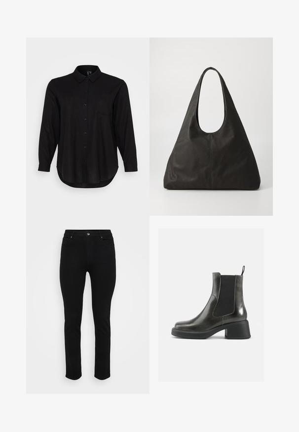 Svart långärmad skjorta med knappar, krage, framficka och rundad nederkant. Tillverkad av ett glatt, lätt material.; Svarta denimjeans med slim fit, femficksdesign, framknäppning och lätt stretch för komfort. Platt, slät textur med minimal detaljering.; Svarta läderankelboots med en slät yta, elastiska sidopaneler och en kraftig klack. Har en dragflik för enklare påtagning.; Svart läder tote-väska med ett böjt handtag, avlång triangulär form och slät yta. Har en minimalistisk design utan synlig utrustning.; Silverfärgade metallörhängen med en vågig, skulptural design som har en polerad yta och oregelbundna former, vilket framhäver en samtida estetik.