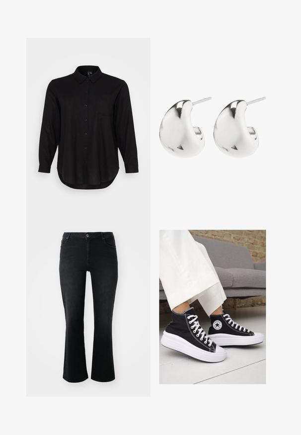 Czarna, długoskrętowa koszula z guzikami, z kołnierzykiem, przednią kieszenią i zaokrąglonym dołem. Wykonana z gładkiego, lekkiego materiału.; Czarne dżinsy o średnim stanie, z przednim guzikem, dwoma przednimi kieszeniami, dwoma tylnymi kieszeniami i rozkloszowanym krojem nogawki.; Czarne trampki typu high-top z białą gumową podeszwą i sznurowadłami. Posiadają okrągłe logo z boku oraz kontrastujące białe szwy.; Srebrne kolczyki w kształcie studów o gładkim, zaokrąglonym wzorze. Posiadają wypolerowane wykończenie oraz zapięcie w formie sztyftu, zapewniające bezpieczeństwo noszenia.
