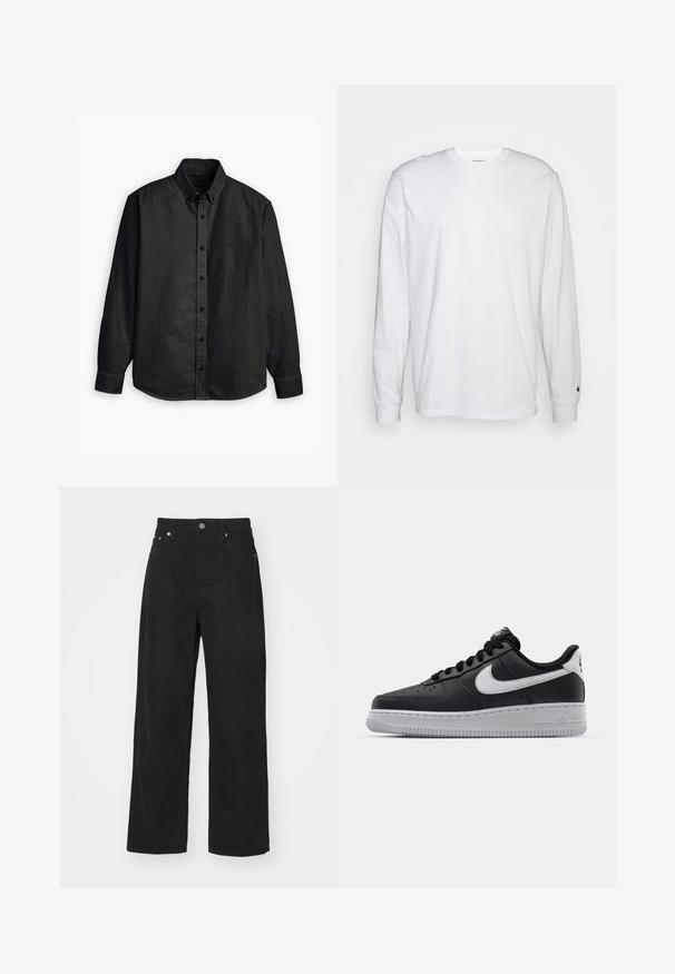 Levi's® AUTHENTIC BUTTON DOWN - Overhemd - kincaid jet black garment dye; Witte lange mouwen T-shirt van katoen. Ronde hals ontwerp met ribgebreide manchetten en een klein logo op de linkermouw. Gladde textuur.; Zwarte denim broek met een rechte pijpdesign, voorzien van vijf zakken, een knoopsluiting en een klassieke tailleband. Glad textuur.; Zwarte lederen sneaker met een textuur oppervlak, witte Nike swoosh, grijze zool, ronde neus en vetersluiting. Bevat perforaties op de neus.