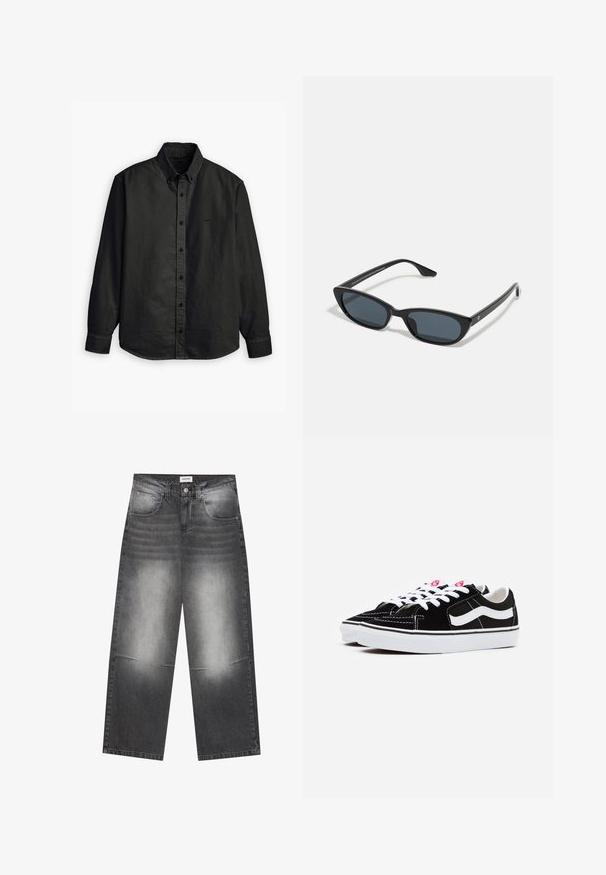 Levi's® AUTHENTIC BUTTON DOWN - Cămașă - kincaid jet black garment dye; Jeanși negri din denim cu picioare largi, având un finisaj gri estompat, cu buzunare frontale, închidere cu nasture și ușoare deteriorări la genunchi.; Tenisi negri din suede cu sireturi albe, având o bandă laterală albă proeminentă și o talpă din cauciuc negru, evidențiind detalii de cusătură în contrast.; Ochelari de soare negri cu lentile închise, cadru din plastic, temple subțiri și o marcă discretă pe interiorul brațului. Textură mată.