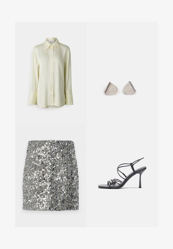 Camicia a maniche lunghe, con bottoni, di colore giallo pallido, realizzata in tessuto morbido. Presenta un colletto classico e polsini ampi. Vestibilità su misura, rilassata.; Mini gonna di paillettes caratterizzata da una combinazione di colori metallizzati argento e nero, superficie testurizzata con paillettes riflettenti e design aderente.; Sandali neri con tacco alto presentano sottili cinturini con design annodato, una punta quadrata liscia e un elegante tacco a spillo.; Orecchini in metallo argentato con forma a goccia liscia e finitura lucida. Incisioni sottili aggiungono dettagli. Design minimalista.