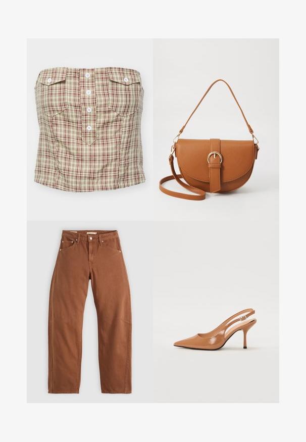 Top sin tirantes a cuadros en beige claro con patrón en marrón y verde. Cuenta con cuatro botones frontales y dos bolsillos en el pecho.; Jeans rectos color marrón óxido con bolsillos frontales y traseros, remaches de metal, cierre de botón y trabillas para el cinturón, colocados sobre un fondo blanco.; Zapato de tacón tipo slingback con punta afilada en un material suave y brillante de color marrón. Presenta un diseño con corte curvado y un tacón de aguja delgado. Detalle de hebilla plateada.; Bolso bandolera de cuero marrón con forma curvada, herrajes dorados y un acento de hebilla. Incluye una correa de hombro desmontable.