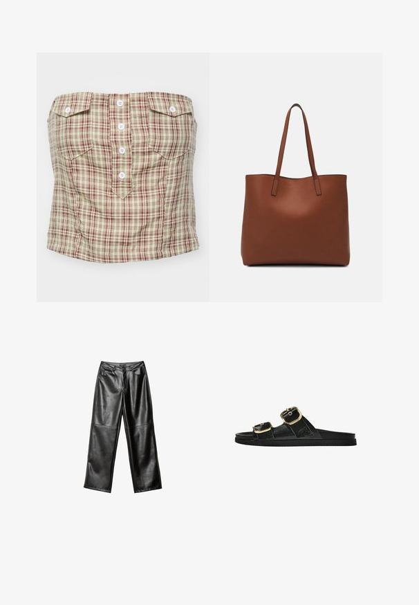 Karirano strapless top u svijetlo bež boji s tamnocrvenim i zelenim uzorkom. Ima četiri gumba naprijed i dva džepa na prsima.; Crne kožne hlače širokog kroja sa glatkom teksturom, dizajnom s pet džepova i šivenim detaljima duž nogu i struka.; Crne sandale na klizanje s dva zlatna akcenta u obliku kopči, glatkog teksturiranog materijala, ravnim potplatom i minimalističkim dizajnom.; Smeđa kožna torba preko ramena s glatkom teksturom, otvorenim vrhom i dvjema naramenicama. Ima minimalne šavove i nema vidljivog hardvera.