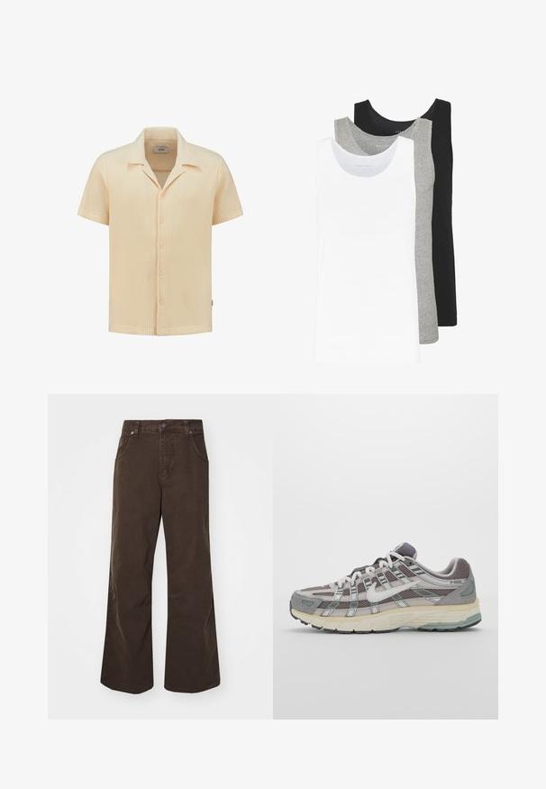 Trumpas rankovės, šviesiai smėlinis marškinis pagamintas iš tekstūruoto vaflinio audinio, su apykakle ir penkiais mygtukais.; Trys marškiniai be rankovių baltos, pilkos ir juodos spalvų. Kiekvienas iš jų turi klasikinį dizainą, pagamintas iš lengvos medvilnės audinio su raštuotu paviršiumi.; Rudos platūs kelnių modeliai, pagaminti iš medvilnės, su aukštu juosmeniu, priekinėmis kišenėmis ir lygiu paviršiumi. Uždarymo detalės apima subtilų siūlų dekoravimą.; Pilkas sportinis batas su tinklu ir zomšos viršutine dalimi, baltomis detalėmis, paminkštintu padu ir išskirtiniu dizainu su atspindinčiais elementais.