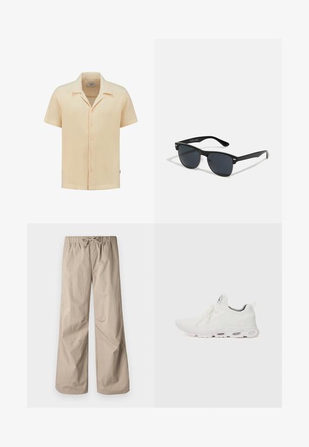 Korte mouwen, lichtbeige shirt van gestructureerde, wafelgebreide stof met een kraag en vijf knopen.; Beige wijde broek met een elastische tailleband en trekkoord. Gladde textuur, twee zijzakken en minimale naden voor een relaxte pasvorm.; Witte sportieve schoenen met een gestructureerde gebreide bovenkant, platte veters en een gevoerde zool met zichtbare luchtkamers voor extra ondersteuning.; Zwarte zonnebril met een rechthoekige vorm, donkere lenzen, zilveren accenten bij de slapen en een matte afwerking op het montuur.