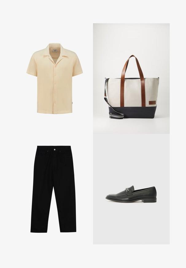 Camicia a maniche corte di colore beige chiaro, realizzata in tessuto a maglia waffle testurizzato, con colletto e cinque bottoni di chiusura.; Pantaloni in denim nero con taglio dritto, design a cinque tasche e chiusura frontale con bottone. Tessuto liscio con dettagli di cucitura minimi.; Mocassino in pelle nera con finitura liscia, caratterizzato da un design cucito e da un accento decorativo in catena metallica sul vamp. Tacco piatto.; Borsa in tela con manici in pelle marrone e fondo blu navy. Presenta una tracolla regolabile e un'etichetta con logo sul lato.