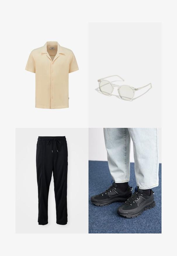 Koszulka z krótkim rękawem w jasnobeżowym kolorze, wykonana z teksturowanej tkaniny w splot wafelowy, z kołnierzykiem i pięcioma zapięciami na guziki.; Czarne spodnie casualowe z gumką w pasie, z kieszeniami wszytymi po bokach i prostym krojem na jednolitym tle.; Czarne buty sportowe z teksturowanej tkaniny i gumowymi podeszwami, z elastycznymi sznurówkami i niebieskim akcentem na pięcie. Noszone z jasnymi dżinsami.; Okrągłe okulary przeciwsłoneczne z przezroczystą ramką, jasnooliwkowymi soczewkami i cienkimi, przezroczystymi zausznikami. Posiadają subtelne akcenty sprzętowe na ramce.