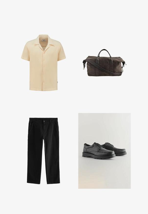 Kortærmet, lys beige skjorte lavet af struktureret, vaffelstrikket stof med krave og fem knaplukninger.; Sorte bomuldsbukser med lige ben-design, der har en frontknaplukning, skrå sidelommer og subtile sydetaljer.; Sorte lædersko med struktureret overdel, rund tå, snørebåndsdesign og tykke gummisåler med et slidbanemønster.; Mørkebrun ruskinds weekendtaske med læderhåndtag og en justerbar skulderrem, som har en top lynlås lukning.