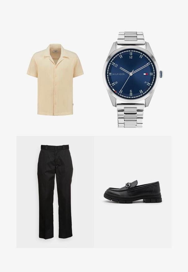 Kurzärmliges, hellbeige Hemd aus strukturiertem Waffelpique-Gewebe mit einem Kragen und fünf Knopfverschlüssen.; Schwarze Hose aus einem glatten Stoff, mit einem geraden Bein Design, Gürtelschlaufen und zwei Seiten Taschen. Klassischer Look ohne Verzierungen.; Schwarzer Lederloafer mit runder Zehenform, einem dekorativen Riemen und Hardware sowie einer robusten, strukturierten Sohle. Glatte Oberfläche mit dezenten Details.; Silberne Metall-Uhr mit einem gebürsteten blauen Zifferblatt, weißen Stundenmarkierungen und einem Datumsanzeiger. Verfügt über ein verlinktes Metallarmband und ein Markenlogo.; Silberne Halskette mit dicken Gliedern und einem zentralen runden Anhänger mit filigranen Details. Glatte, reflektierende Metalloberfläche.