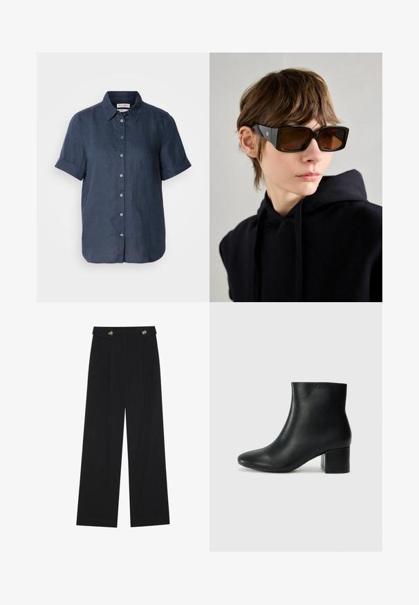 Temno modra lanena srajca s kratkimi zvitimi rokavi, gumbnim zapiranjem spredaj in ovratnikom. Ima gladko teksturo in pet gumbov vzdolž plackets.; Črne široke hlače s visokim pasom, gumbnimi detajli na pasu in sprednjimi gubami.; Črne usnjene gležnjarje s koničastim nosom in debelim peto. Gladka tekstura z minimalnimi detajli in eleganten, prilegajoč dizajn.; Črne velikanske sončne očala z lesketajočo površino, pravokotne oblike, rjavi zasenčeni leči in zlatim logotipom na krakih.