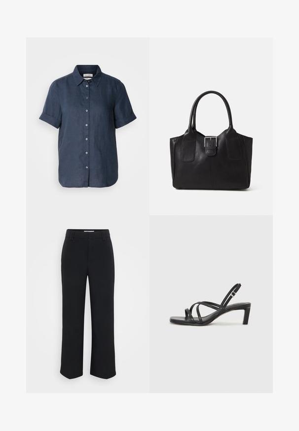 Tumši zils lins krekliņš ar īsām salocītām piedurknēm, pogājamais priekšpuss un apkakle. Tam ir gluda tekstūra un piecas pogas gar plāksni.; Melnas platās bikses ar gludu tekstūru, ar platu jostasvietu un sānu kabatām, veidotas minimalistiskā estētikā.; Melnas strappy sandales ar kvadrātveida purngaliem un zemu bloku papēdi. Ievērojamas ar vairākiem plāniem siksniņām un regulējamu potītes siksniņu. Izgatavotas no gludas ādas.; Melnas ādas somiņa ar gludu tekstūru, strukturētu formu, divām rokturām un izteiktu sudraba sprādzi priekšpusē.