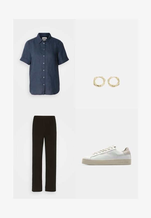 Tumesinine linane särk lühikeste üleskeeratud varrukatega, nupuga ees ja kraega. Omab sileda tekstuuri ja viit nimetust piki nupuvärvi.; Mustad, sirged jalad, mis on valmistatud kootud kangast, millel on lame esiosa, kaks külgtaskut ja sile tekstuur. Ilma nähtavate mustrite või aktsentideta.; Valge nahast toss, millel on sile pind, beežist seemisnahast aktsendid, ümar nina, lame puuvillane pael ja tekstuuriga kummitald.; Kuldsete rõngaskõrvarõngaste tekstuuriga, ebakorrapärane kuju. Omab sujuvat lukustust ja poleeritud pinnatöötlust, rõhutades kaasaegset disaini.