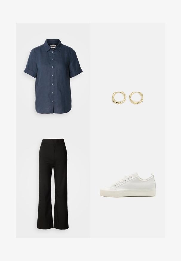 Tamsiai mėlyna linine marškiniai su trumpomis pasukinėtomis rankovėmis, priekyje užsegami mygtukais ir su apykakle. Turtinga lygi tekstūra ir penki mygtukai palei apykaklės liniją.; Juodos plačios kelnės su lygiu paviršiumi, aukšta liemeni, ir švariu dizainu. Nėra matomų kišenių ar papuošimų.; Balti drobės sportbačiai su tekstūruotu paviršiumi, apvalia pirštine, plokščiu padu ir raišteliais priekyje. Yra šiek tiek nusidėvėjęs apykaklė ir kilpa.; Aukso žiedo auskarai su tekstūruotu, netaisyklingu paviršiumi. Yra be siūlių užsegimas ir poliruotas paviršius, akcentuojantis modernų dizainą.