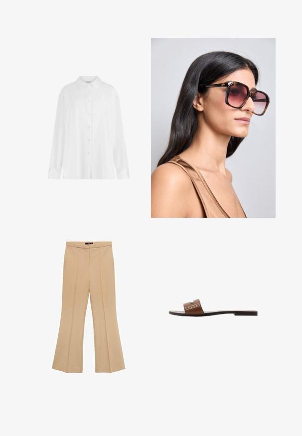 Witte overhemd met lange mouwen en knopen, gemaakt van gladde stof, met een standaard kraag, knopen aan de voorkant en iets verlaagde schouders.; Beige flared broek in een gladde stof, met voorplooien en een getailleerd ontwerp, een hoge taille en zonder zichtbare sluitingen.; Bruine leren slip-on sandalen met een platte zool, voorzien van een brede band en witte geometrische accenten voor een minimalistisch ontwerp.; Grote, vierkante zonnebril met een bruine schildpadprint montuur en gradiënt roze lenzen. Heeft een gouden logoaccent op de tempel.; Lichtroze leren handtas met een gebogen klep, gouden hardware en een afneembare schouderriem met een kettingaccent. Gladde oppervlakte en nauwkeurige stiksels.
